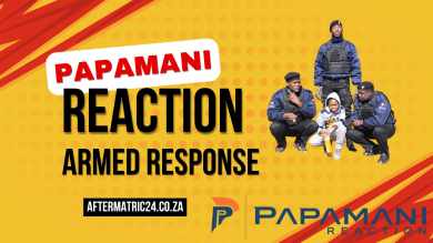 A professional armed response officer standing confidently next to a security vehicle in an urban area, wearing a uniform and holding communication equipment, representing a job opportunity in Randburg and Honeydew with Papamani Reaction security services.