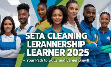 "SETA Cleaning Learnership 2025 promotional banner highlighting skills development, hygiene training, and career opportunities in South Africa’s cleaning industry."