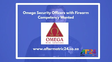 Security officer job hiring poster – Omega Security is recruiting qualified officers with firearm competency in Johannesburg and Soweto.