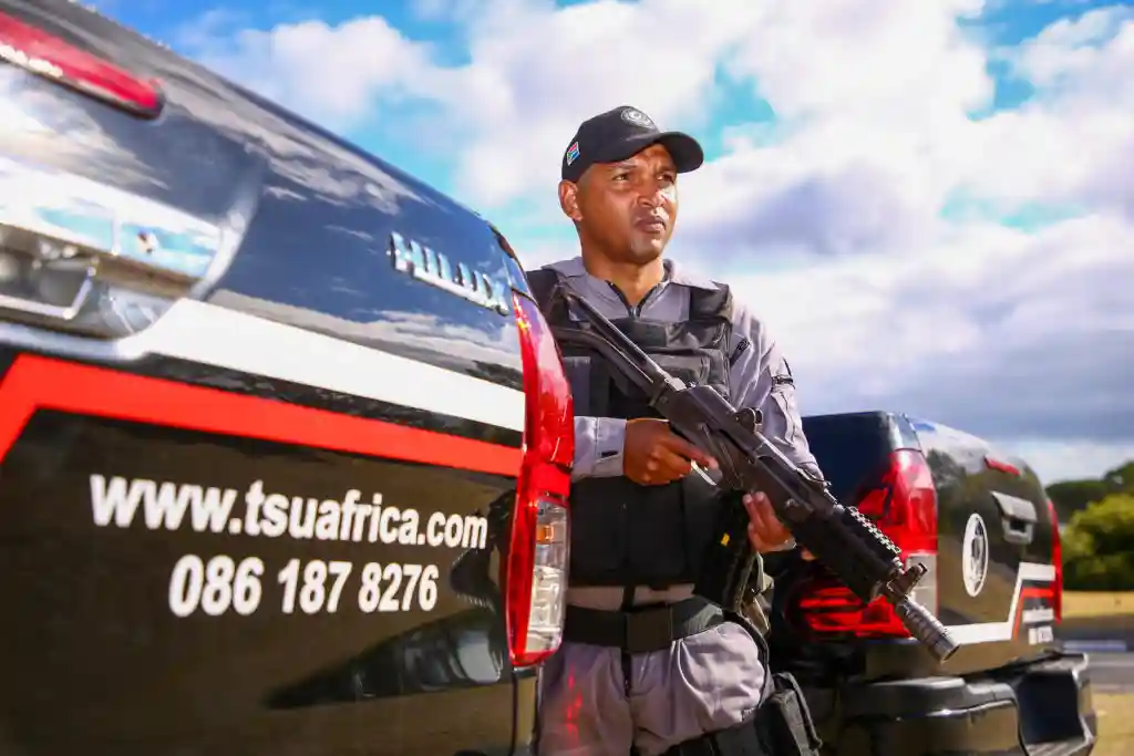 Security officer reliever on duty at a commercial site in Cape Town